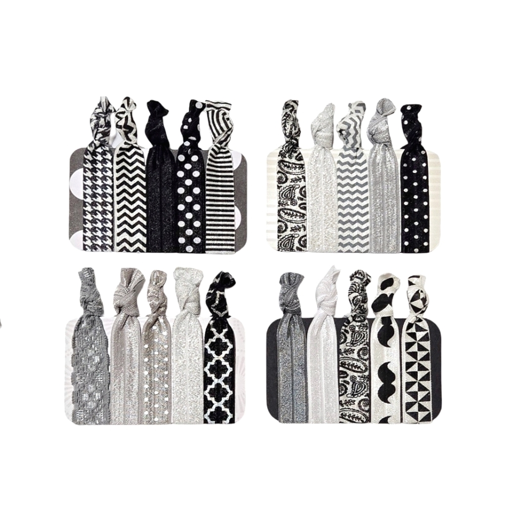 20 Pc Creaseless FOE Hair Ties Black & White Bulk Lot Set Ponytail Hair Ties